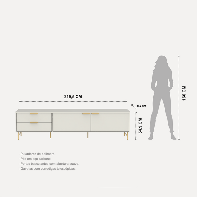 Rack para TVs até 75 Polegadas Yves 220cm Off White Fosco com Dourado