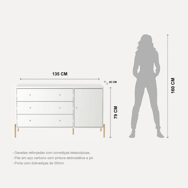 Cômoda com 3 Gavetas e 1 Porta Jasper 138 cm Canella e Off White com Champanhe