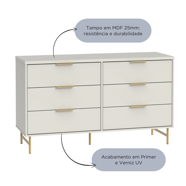 Cômoda 6 Gavetas 135cm e Mesa de Cabeceira Yves Off White com Dourado