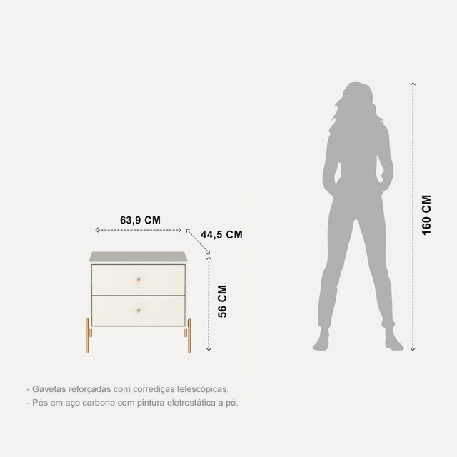 Cômoda com 6 Gavetas e Mesa de Cabeceira Jasper Off White com Dourado