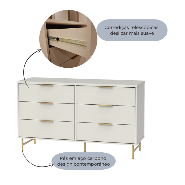 Cômoda 6 Gavetas 135cm e Mesa de Cabeceira Yves Off White com Dourado
