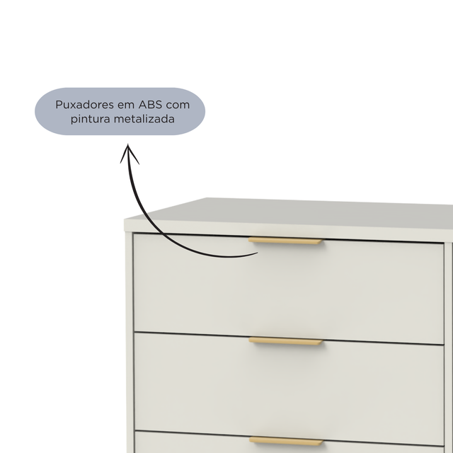 Cômoda 6 Gavetas 135cm e Mesa de Cabeceira Yves Off White com Dourado