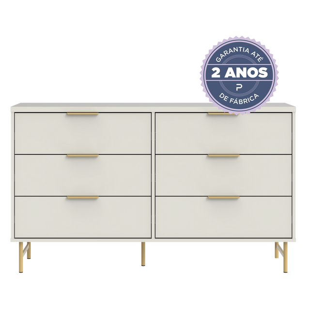 Cômoda 6 Gavetas 135cm e Mesa de Cabeceira Yves Off White com Dourado