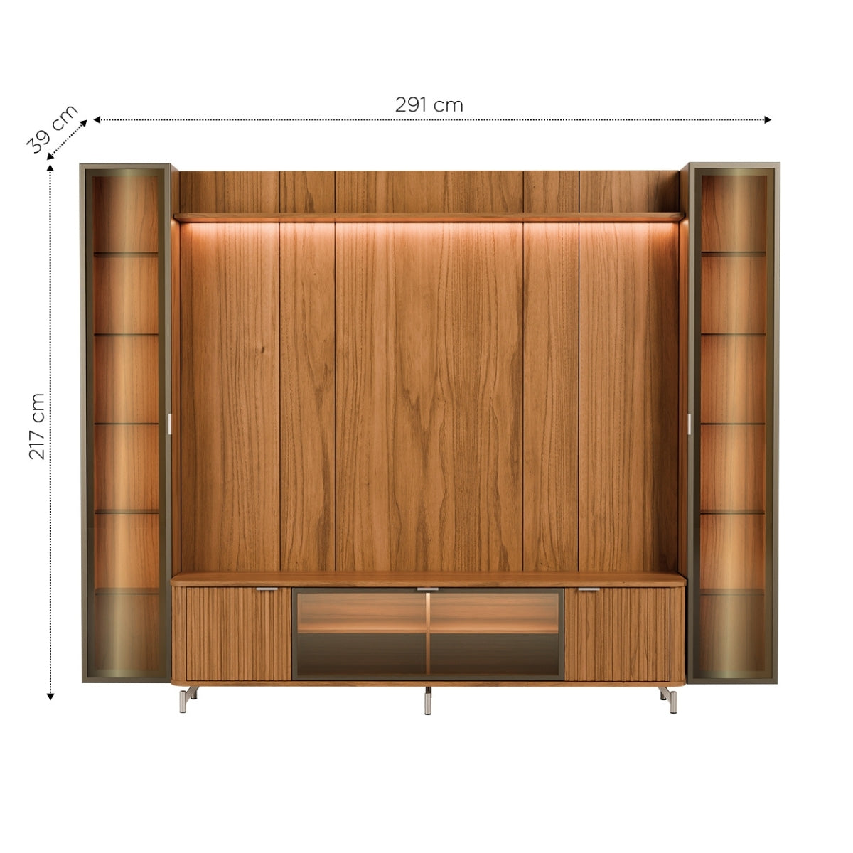 Estante para TV até 85 Polegadas com 2 Cristaleiras Vidro Reflecta 100% MDF com Led Lincoln Float 291cm