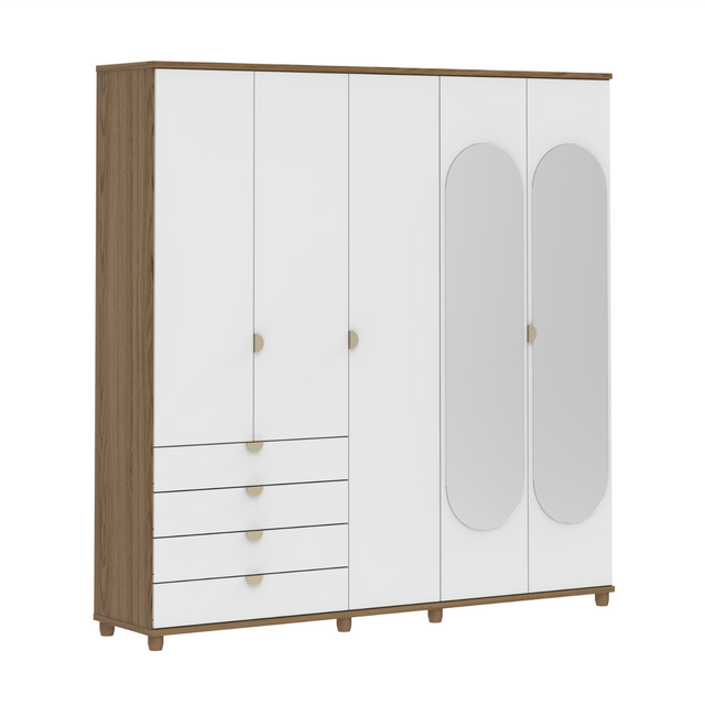Guarda-Roupa Casal com Espelho 5 Portas 4 Gavetas 100% MDF Look 226 cm - Freijó c/ Branco Fosco - Champanhe