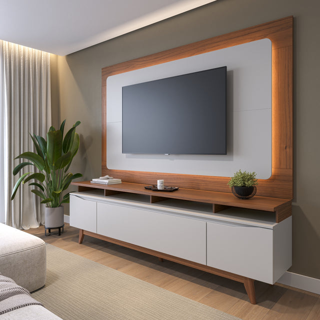 Rack Flynt ST com Painel para TV até 75 Polegadas 220cm Oslo Off White com Canela