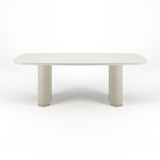 Mesa de Jantar Lintz 219 cm - Off White Fosco c/ PU Bege - Champanhe