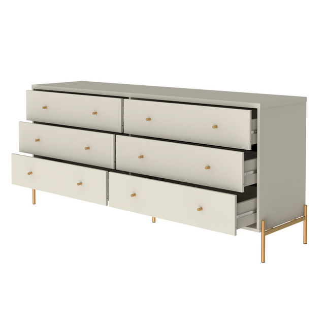 Cômoda com 6 Gavetas e Mesa de Cabeceira Jasper Off White com Dourado