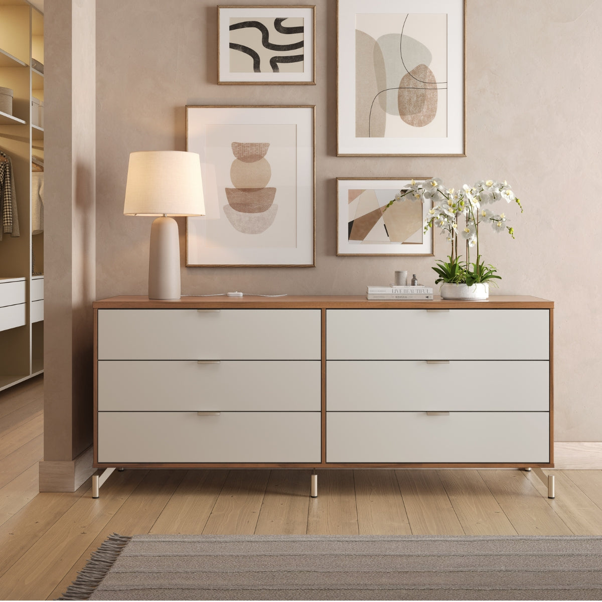 Cômoda 6 Gavetas Glow 178cm Carvalho com Off White Fosco