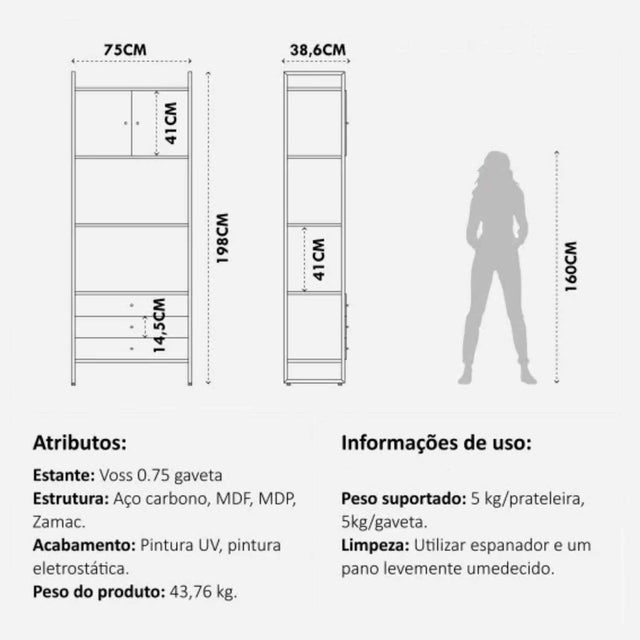 Escrivaninha 120cm e Estante com 3 Gavetas 75cm Voss - Freijó com Champanhe
