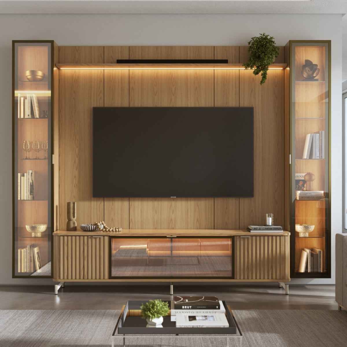 Estante para TV até 85 Polegadas com 2 Cristaleiras Vidro Reflecta 100% MDF com Led Lincoln Float 291cm