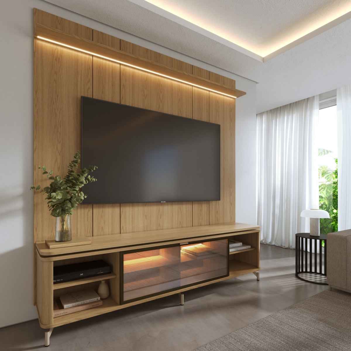 Rack com Painel para TV até 75 Polegadas Vidro Reflecta 100% MDF com Led Lincoln Float 215cm