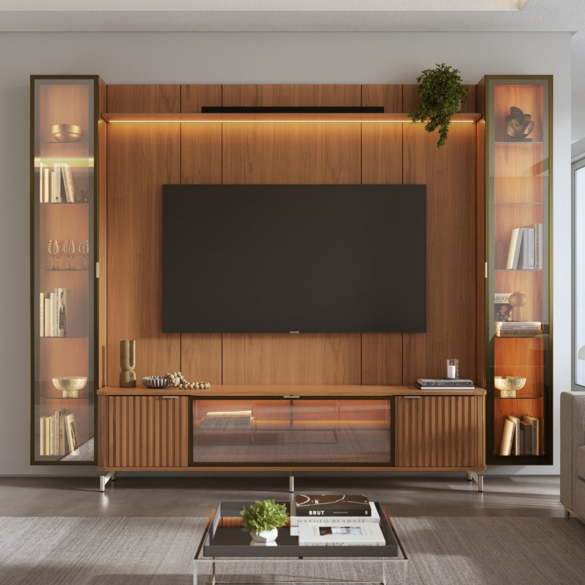 Estante para TV até 85 Polegadas com 2 Cristaleiras Vidro Reflecta 100% MDF com Led Neon Float 291cm