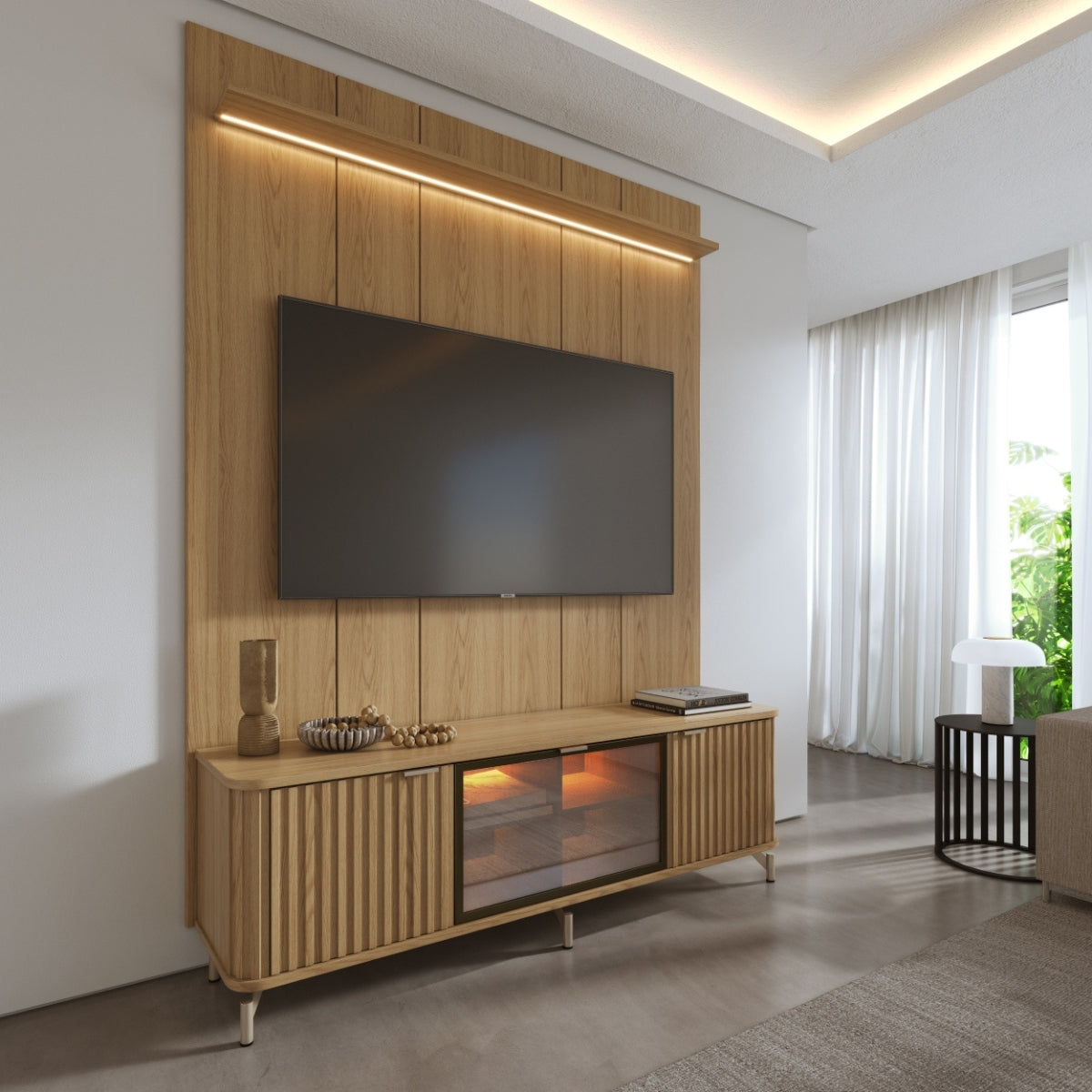 Rack com Painel para TV até 75 Polegadas Vidro Reflecta 100% MDF com Led Neon Float 178cm
