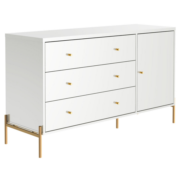 Cômoda com 3 Gavetas e 1 Porta Jasper 138 cm Branco Gloss com Dourado