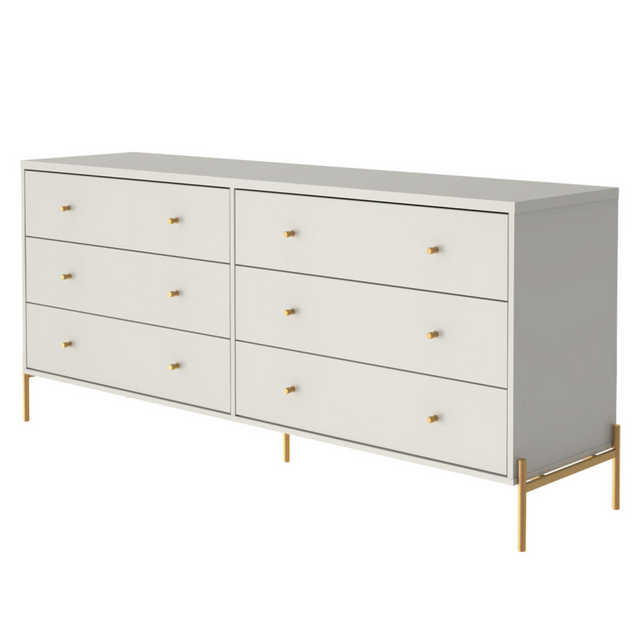 Cômoda com 6 Gavetas e Mesa de Cabeceira Jasper Off White com Dourado