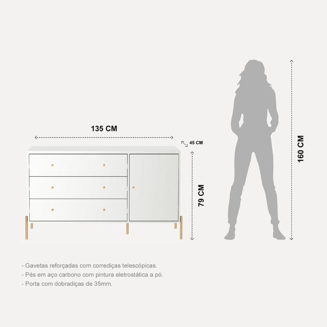 Cômoda com 3 Gavetas e 1 Porta Jasper 138 cm Branco Gloss com Dourado