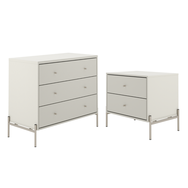 Cômoda 3 Gavetas e Mesa de Cabeceira Jasper Off White com Champanhe