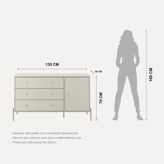 Cômoda com 3 Gavetas e 1 Porta Jasper 138 cm Branco Gloss com Dourado