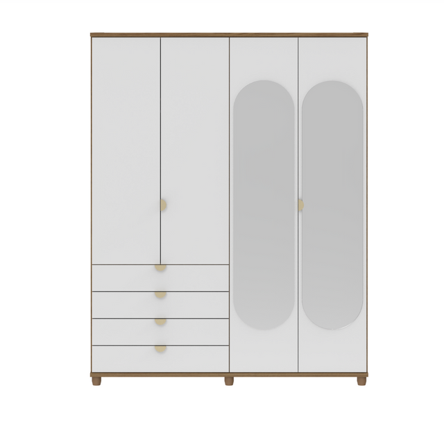 Guarda-Roupa 4 Portas 4 Gavetas com Espelho 100% MDF Look 181cm Freijó com Branco Fosco