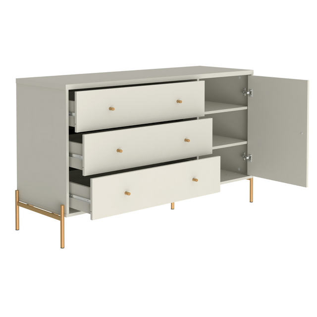 Cômoda com 3 Gavetas e 1 Porta Jasper 138 cm Branco Gloss com Dourado