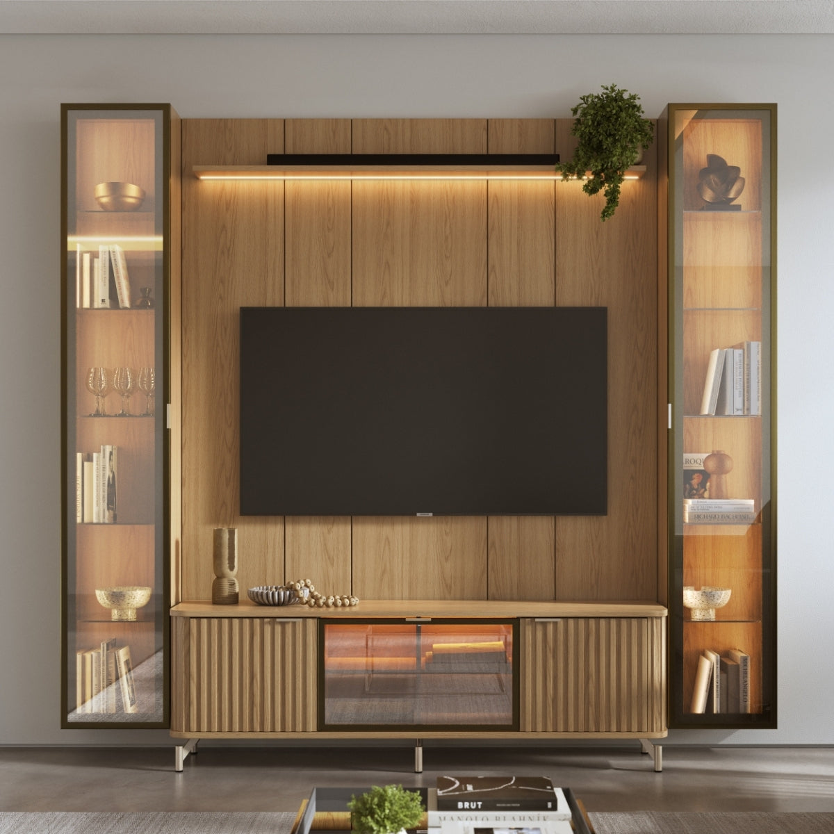 Estante para TV até 75 Polegadas com 2 Cristaleiras Vidro Reflecta 100% MDF com Led Neon Float 254cm