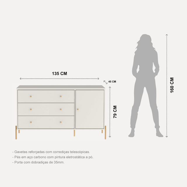 Cômoda com 3 Gavetas e 1 Porta Jasper 138 cm Branco Gloss com Dourado