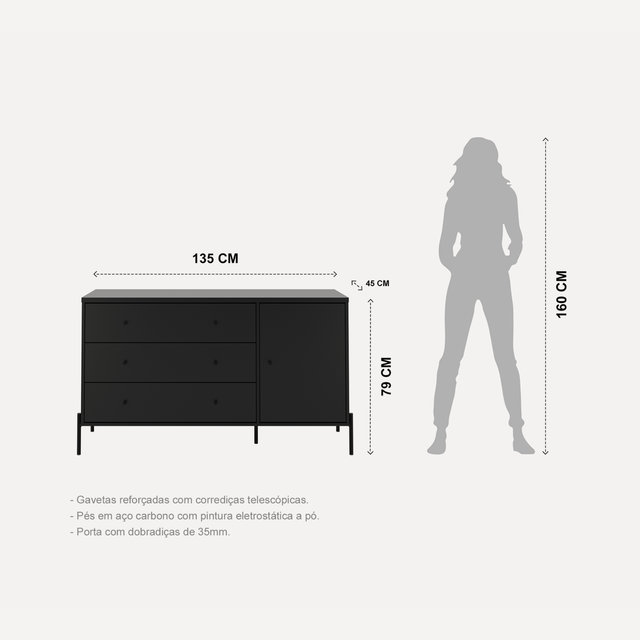 Cômoda com 3 Gavetas e 1 Porta Jasper 138 cm Branco Gloss com Dourado
