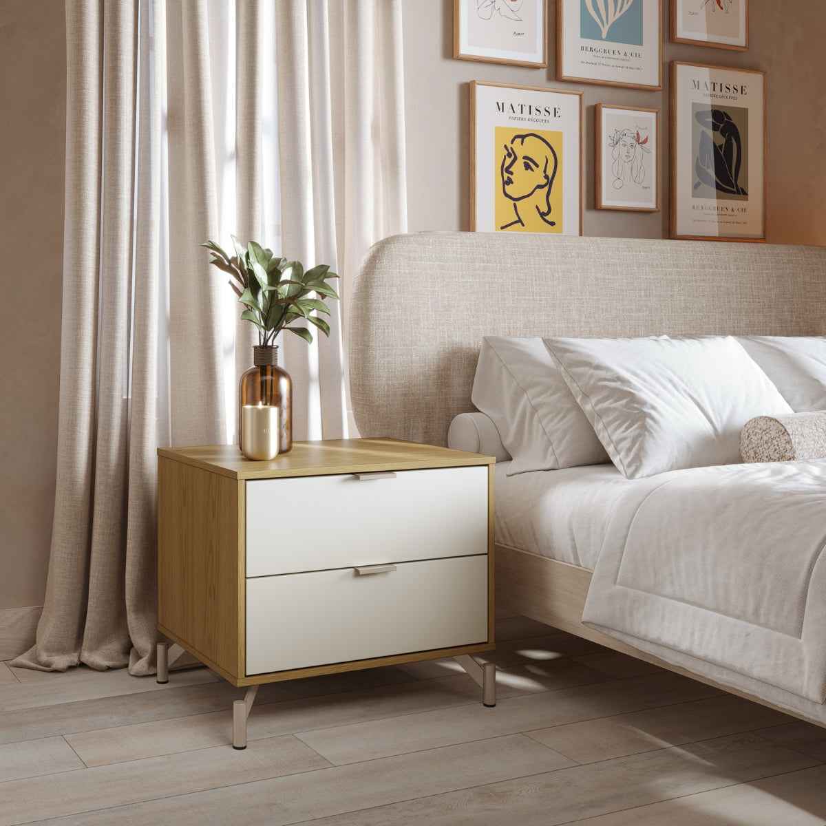 Mesa de Cabeceira 2 Gavetas Glow 60 cm Carvalho e Off White com Champanhe