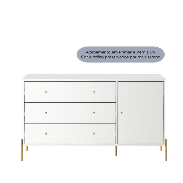 Cômoda com 3 Gavetas e 1 Porta Jasper 138 cm Branco Gloss com Dourado
