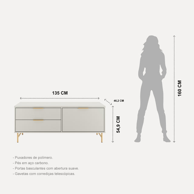 Rack para TVs até 50 Polegadas Yves 135 cm Off White Fosco com Dourado