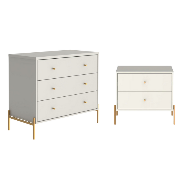 Cômoda 3 Gavetas e Mesa de Cabeceira Jasper Off White com Dourado
