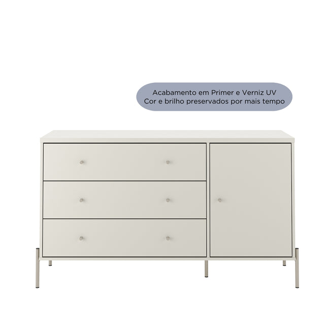 Cômoda com 3 Gavetas e 1 Porta Jasper 138 cm Branco Gloss com Dourado