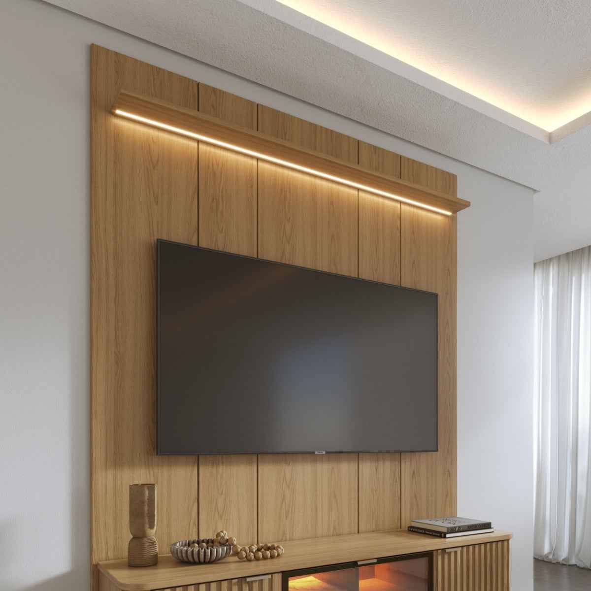 Painel para TV até 75 Polegadas com Prateleira e LED 100% MDF Neon Float 178cm Carvalho
