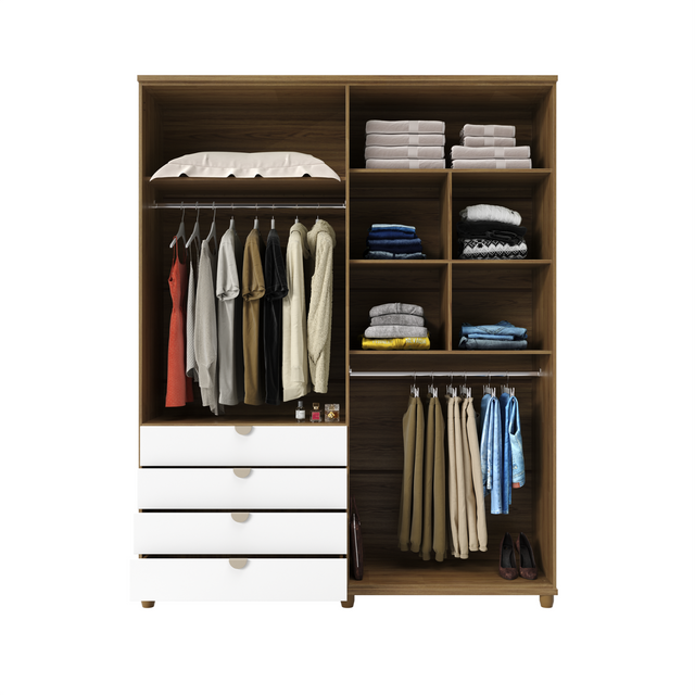 Guarda-Roupa 4 Portas 4 Gavetas com Espelho 100% MDF Look 181cm Freijó com Branco Fosco