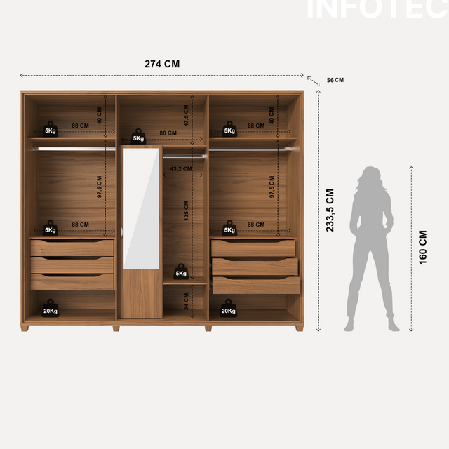 Guarda-Roupa 100% MDF Casal com espelho interno Rockford 6 portas - 274 cm