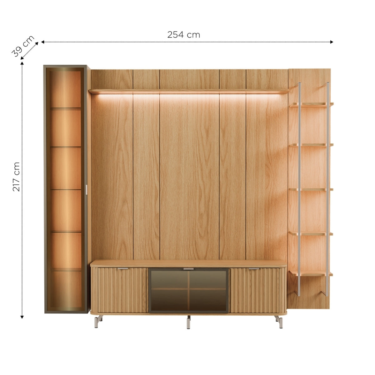 Estante para TV até 75 Polegadas com Prateleiras e Cristaleira Vidro Reflecta 100% MDF com Led Neon Float 254cm