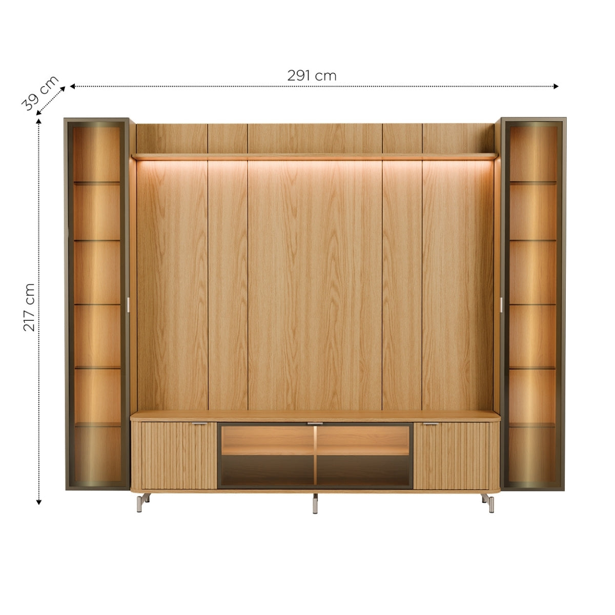 Estante para TV até 85 Polegadas com 2 Cristaleiras Vidro Reflecta 100% MDF com Led Lincoln Float 291cm