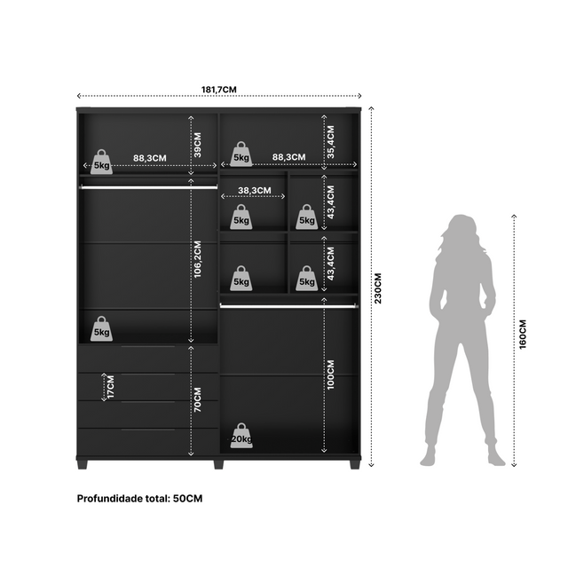 Guarda-Roupa 4 Portas 4 Gavetas 100% MDF Allen 181 cm Preto Fosco