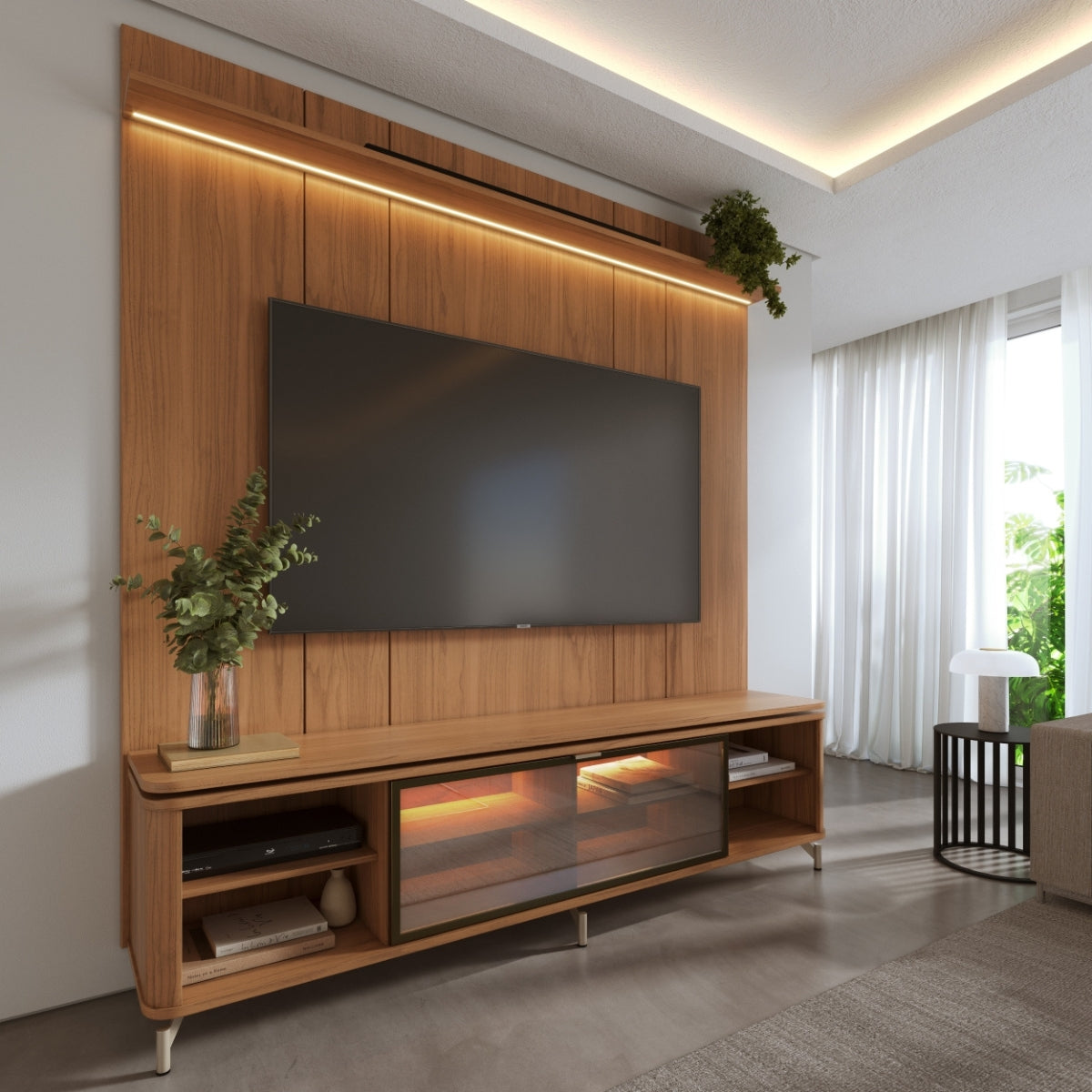 Rack com Painel para TV até 75 Polegadas Vidro Reflecta 100% MDF com Led Lincoln Float 215cm