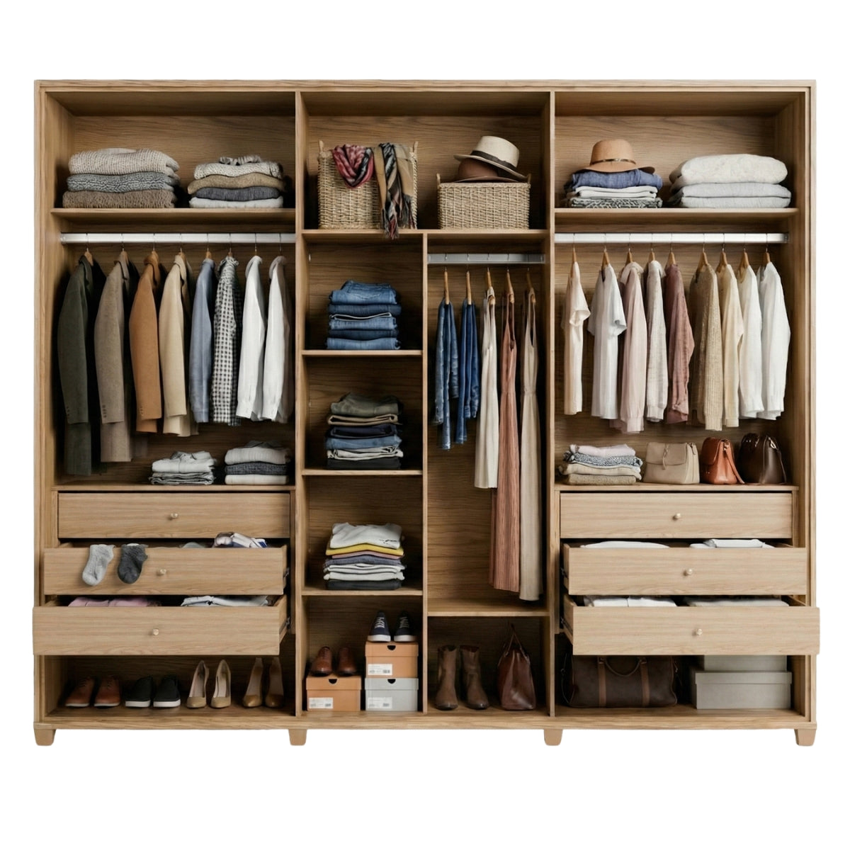 Guarda Roupa Casal 6 Portas com Espelho 100% MDF Dayton 274cm Carvalho com Off White Fosco