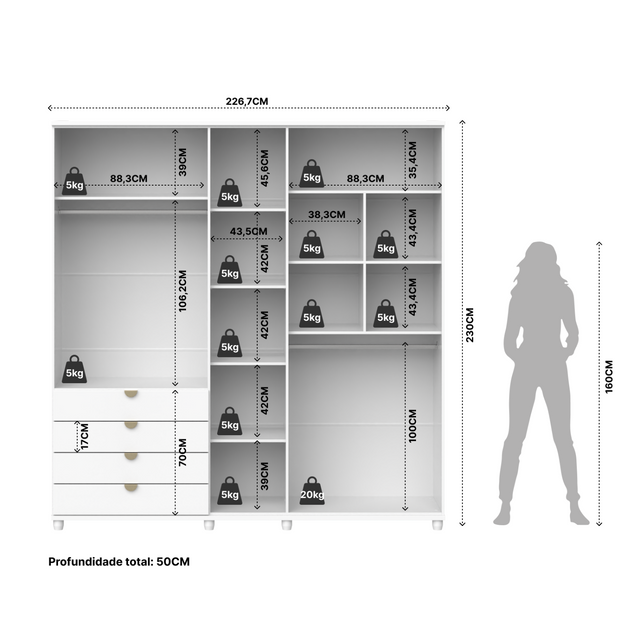 Guarda-Roupa Casal com Espelho 5 Portas 4 Gavetas 100% MDF Look 226cm Freijó c/ Branco Fosco