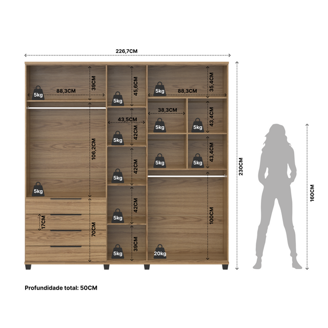 Guarda-Roupa Casal 5 Portas 4 Gavetas 100% MDF Allen 226 cm - Freijó c/ Preto Fosco