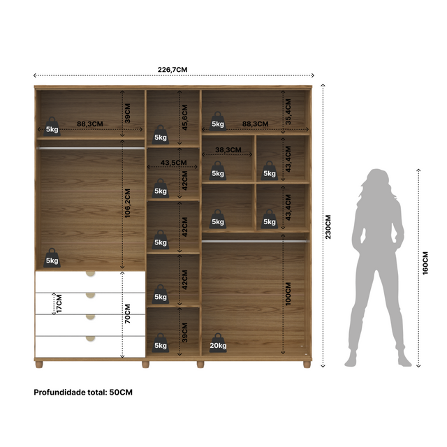 Guarda-Roupa Casal com Espelho 5 Portas 4 Gavetas 100% MDF Look 226cm Freijó c/ Branco Fosco
