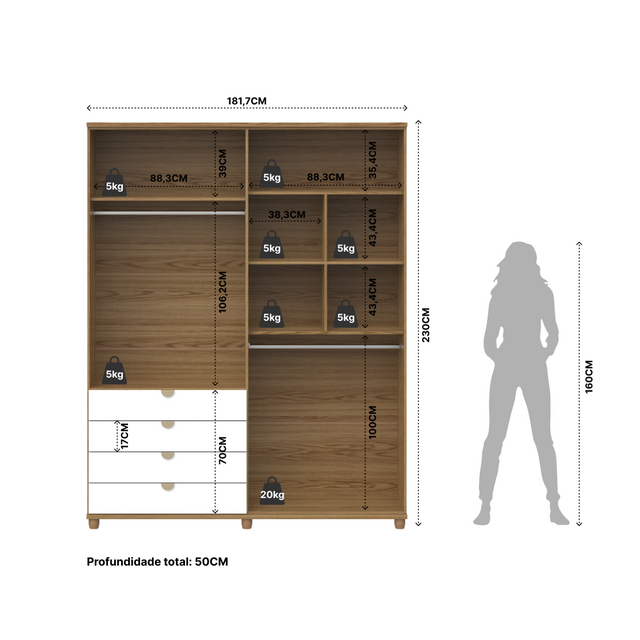Guarda-Roupa 4 Portas 4 Gavetas com Espelho 100% MDF Look 181cm Freijó com Branco Fosco