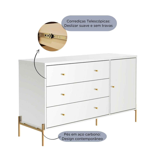 Cômoda com 3 Gavetas e 1 Porta Jasper 138 cm Branco Gloss com Dourado
