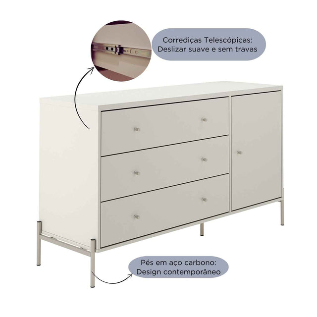 Cômoda com 3 Gavetas e 1 Porta Jasper 138 cm Branco Gloss com Dourado