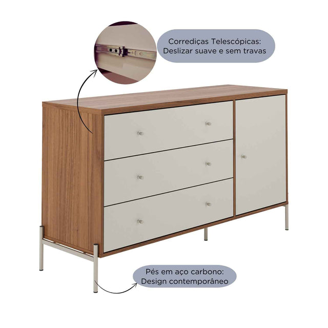 Cômoda com 3 Gavetas e 1 Porta Jasper 138 cm Branco Gloss com Dourado