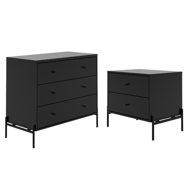 Cômoda 3 Gavetas e Mesa de Cabeceira Jasper Preto Fosco