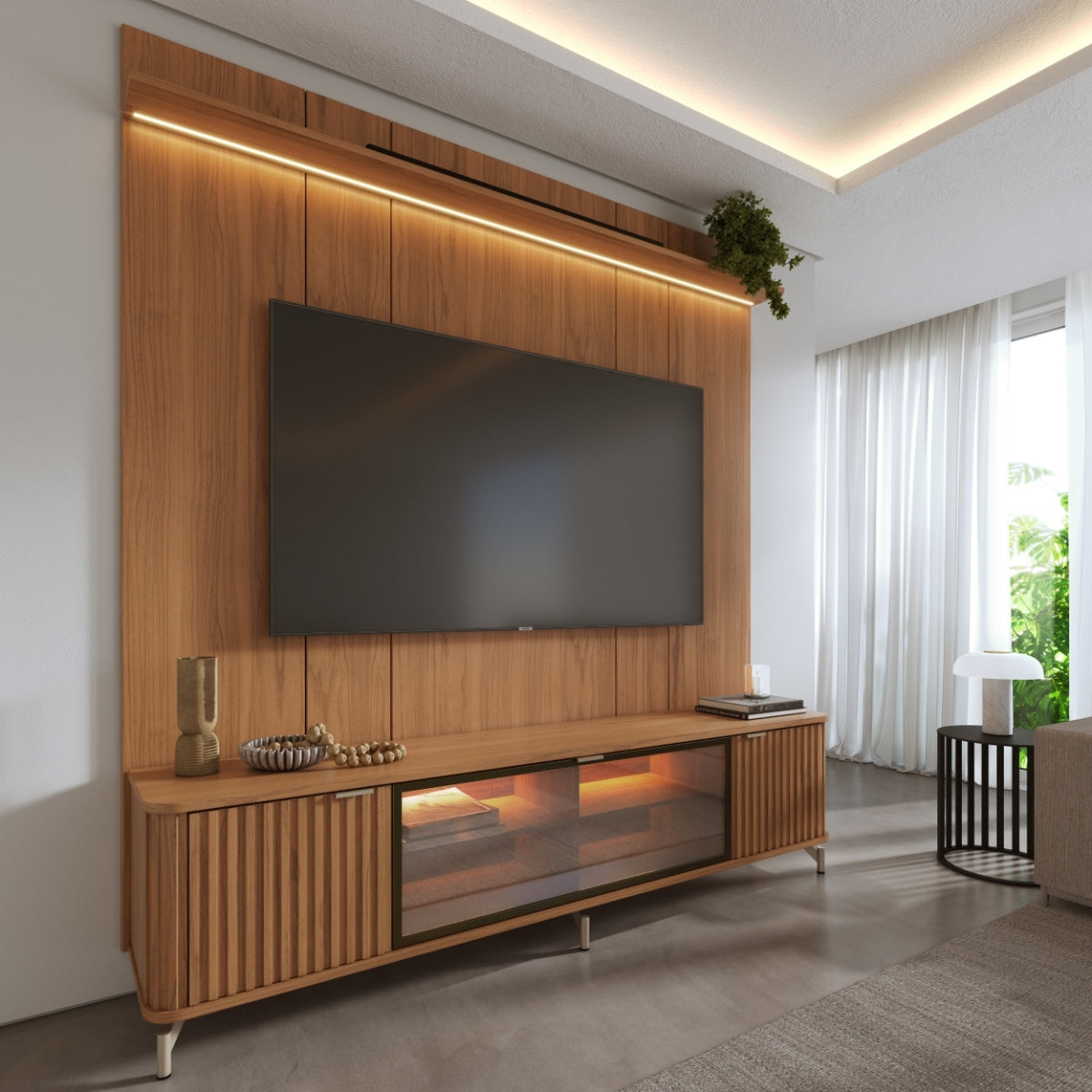 Rack com Painel para TV até 75 Polegadas Vidro Reflecta 100% MDF com Led Neon Float 215cm